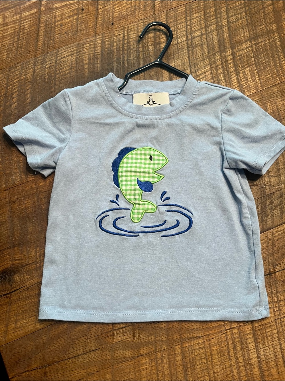 Light Blue Kids Tee with Green Fish Appliqué